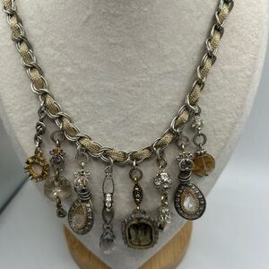 Artisan Crafted Estate Find Gold Silver Woven Chain Bib Charm Necklace